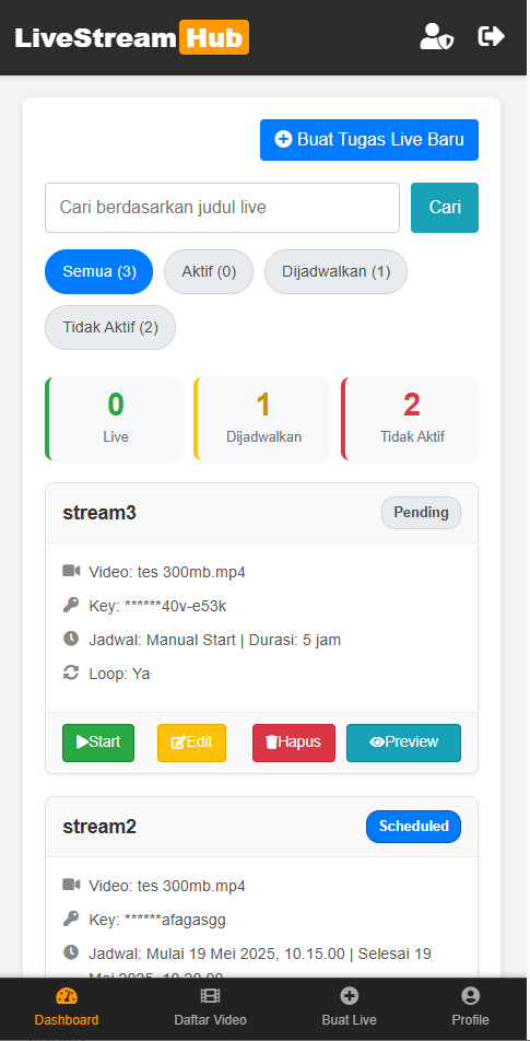 Tampilan LiveStreamsHub di HP
